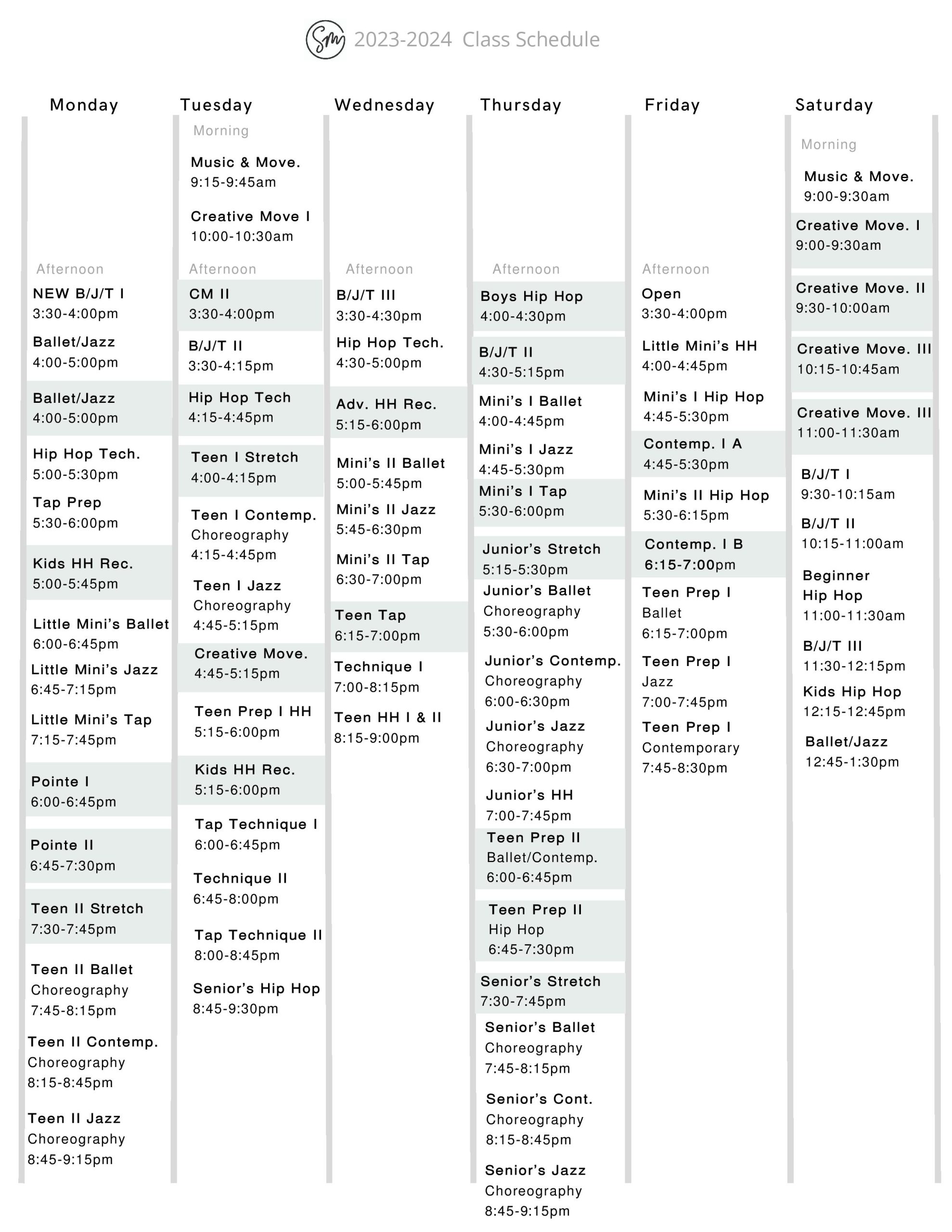2023-24 Class Schedule